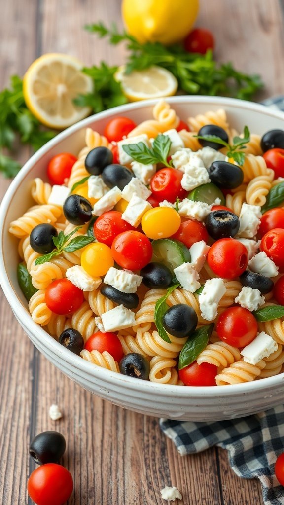 A colorful Mediterranean pasta salad with cherry tomatoes, olives, feta cheese, and fresh herbs.