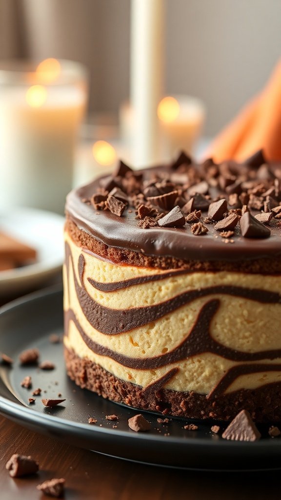 A beautifully decorated chocolate swirl carrot cake cheesecake topped with chocolate chips, set against a cozy background with candles.