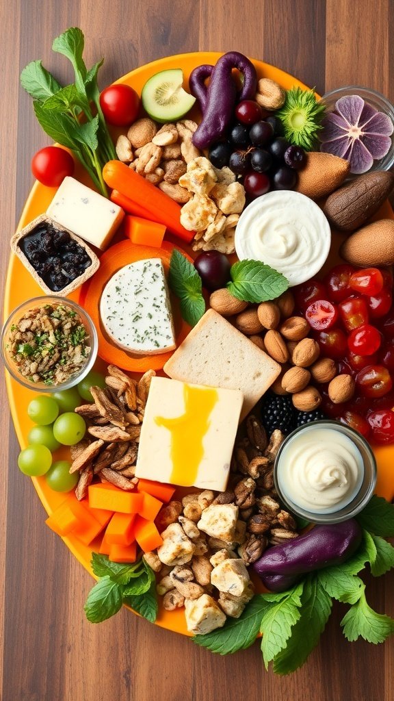 A vibrant vegan charcuterie board featuring fresh fruits, vegetables, nuts, and plant-based cheeses.