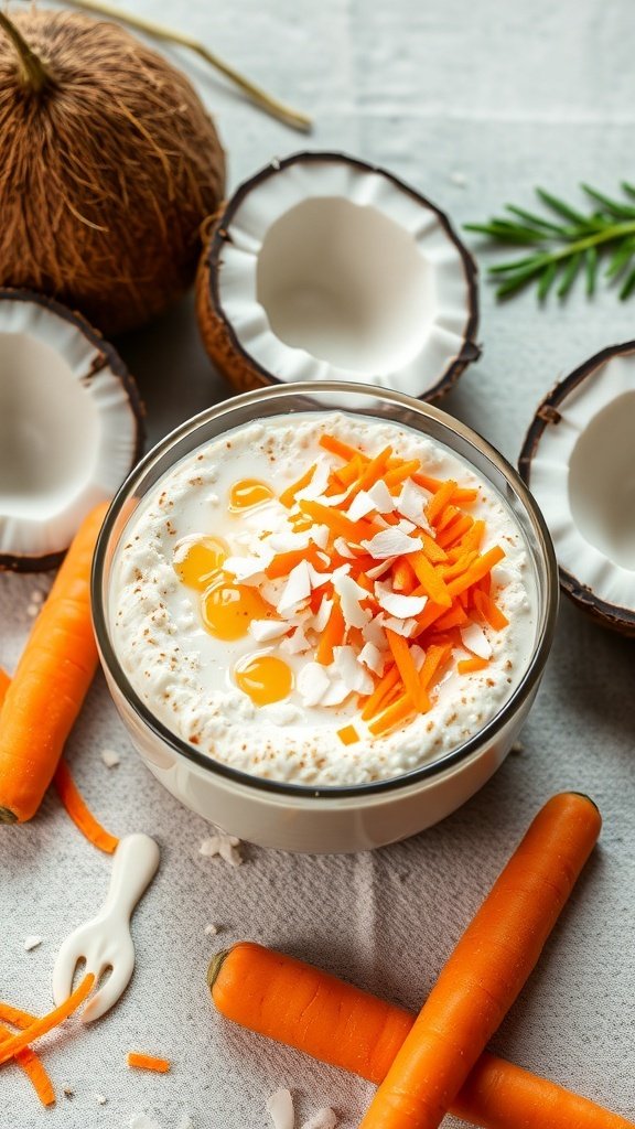 Bowl of carrot cake overnight oats topped with grated carrots and coconut flakes, surrounded by whole coconuts and fresh carrots.