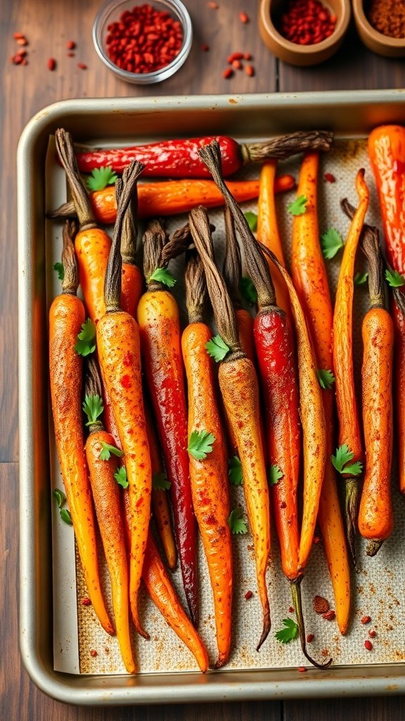 A tray of spicy roasted rainbow carrots with cumin, garnished with fresh herbs.