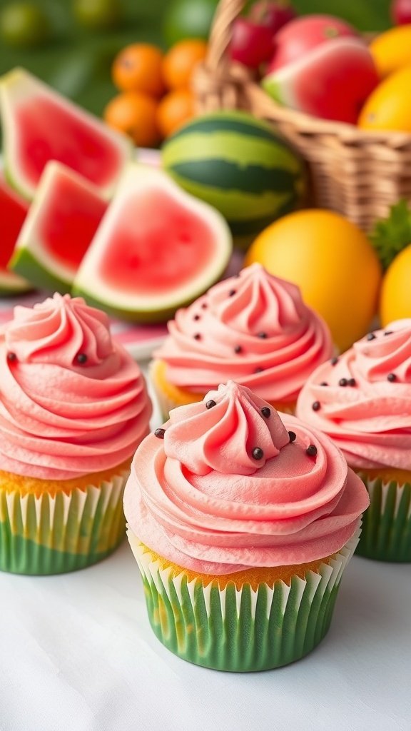 Colorful watermelon-themed cupcakes with pink frosting and black sprinkles, surrounded by fresh fruits.