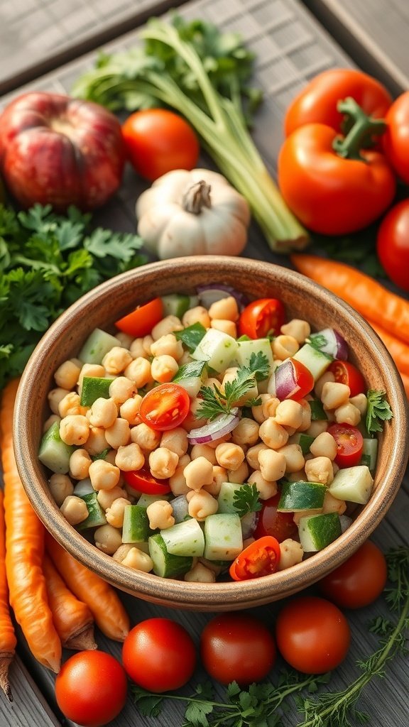 A colorful Mediterranean chickpea salad with fresh vegetables and herbs.