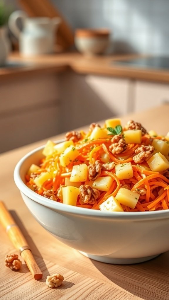 A bowl of classic carrot salad with pineapple and walnuts, garnished with mint leaves.