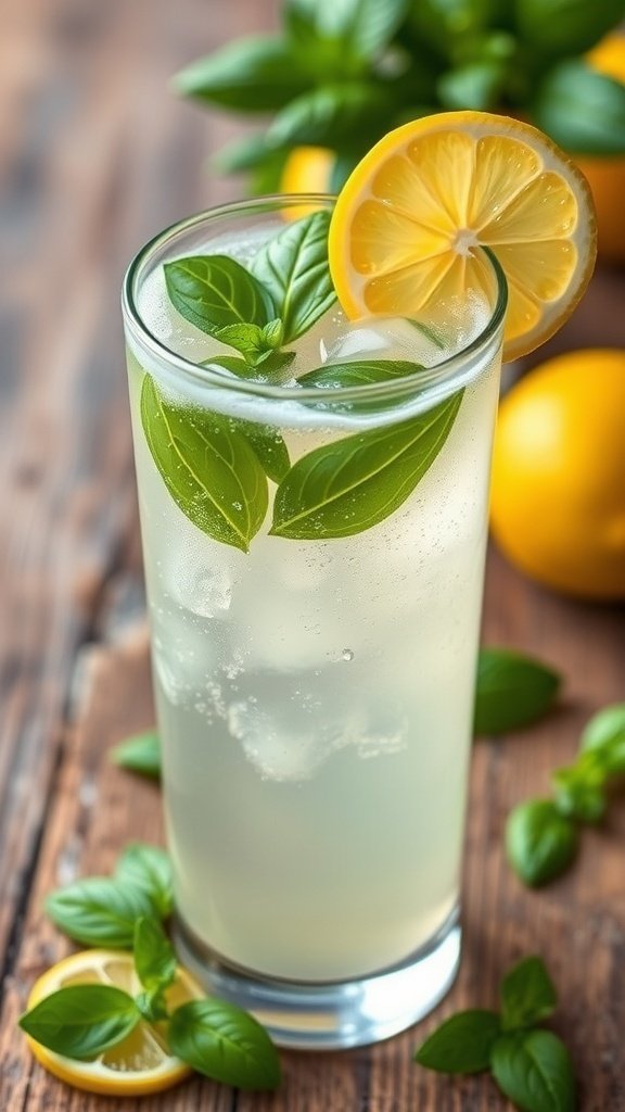A refreshing glass of lemon basil spritzer with ice and lemon slices
