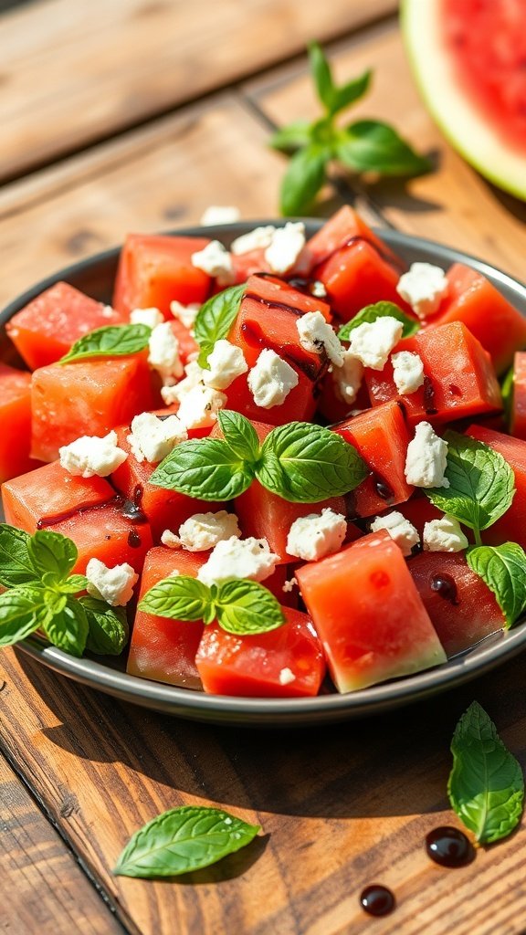 A vibrant watermelon feta salad with mint leaves and balsamic glaze on a wooden table.