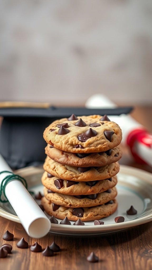 A stack of chewy chocolate chip cookies next to graduation diplomas and a graduation cap.