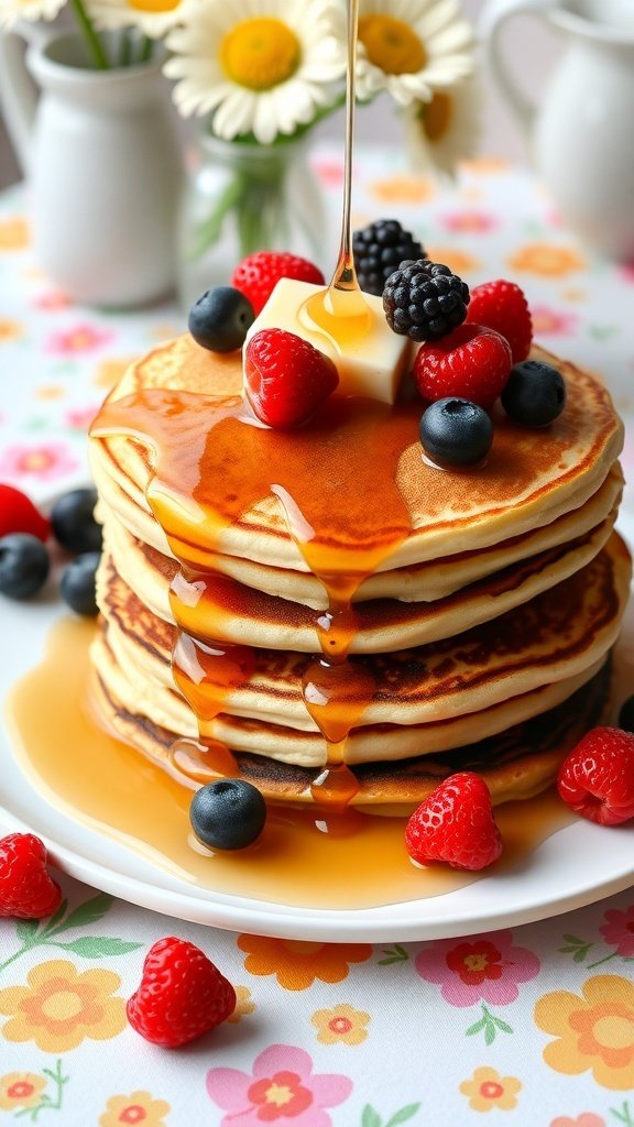 A stack of fluffy pancakes topped with fresh berries and syrup