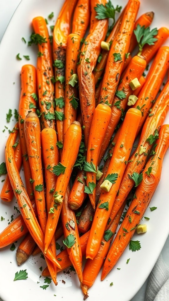 A platter of herb-infused garlic carrots garnished with parsley