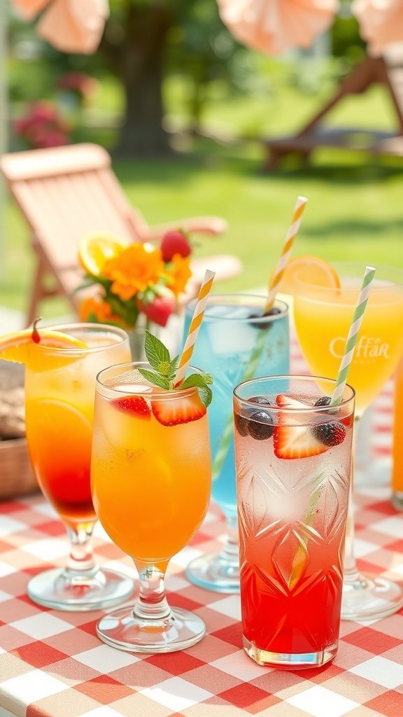 A colorful display of refreshing summer beverages on a picnic table.