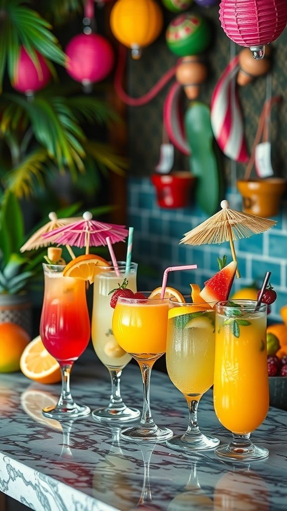 A vibrant tropical drink station with colorful cocktails and garnishes.