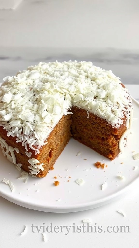 A carrot cake topped with coconut flakes, showcasing a slice cut out.