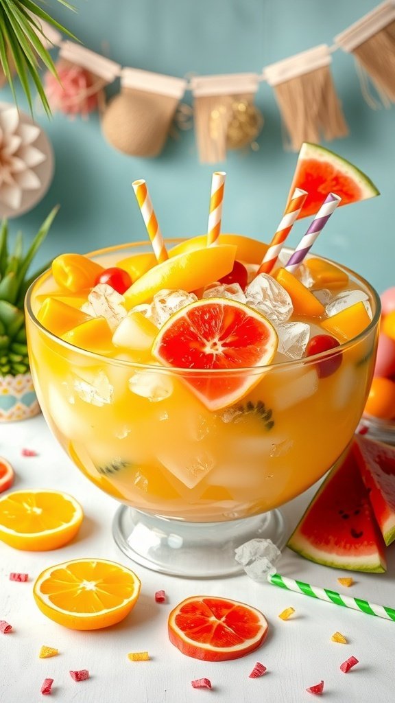 A colorful tropical punch in a bowl with fruits and ice, perfect for summer parties.