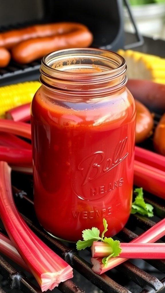 A jar of zesty rhubarb BBQ sauce surrounded by fresh rhubarb stalks and grilled hot dogs.