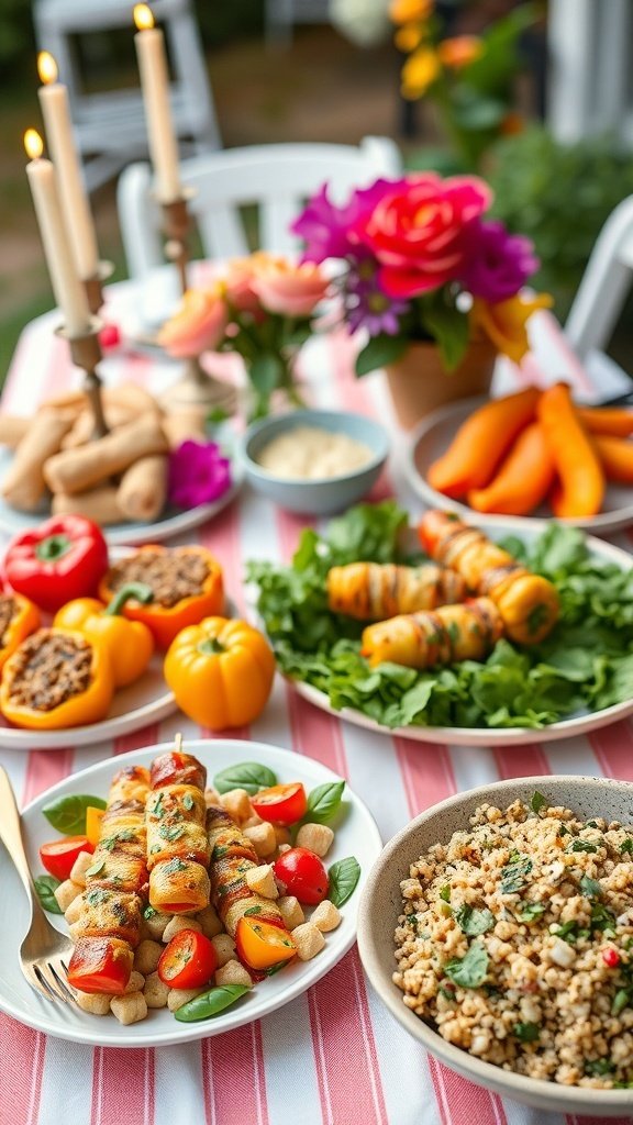 A vibrant summer dinner party table featuring colorful vegetarian dishes including grilled vegetable skewers, stuffed peppers, and a refreshing grain salad.
