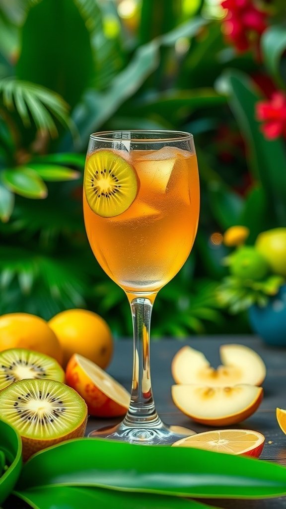 A glass of Exotic Kiwi and Green Apple Sangria with fresh fruits around it.