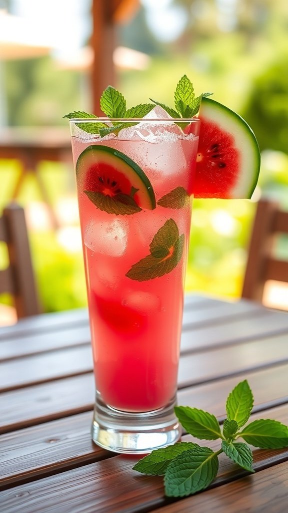 A refreshing watermelon mint cooler served in a tall glass with ice and mint leaves.