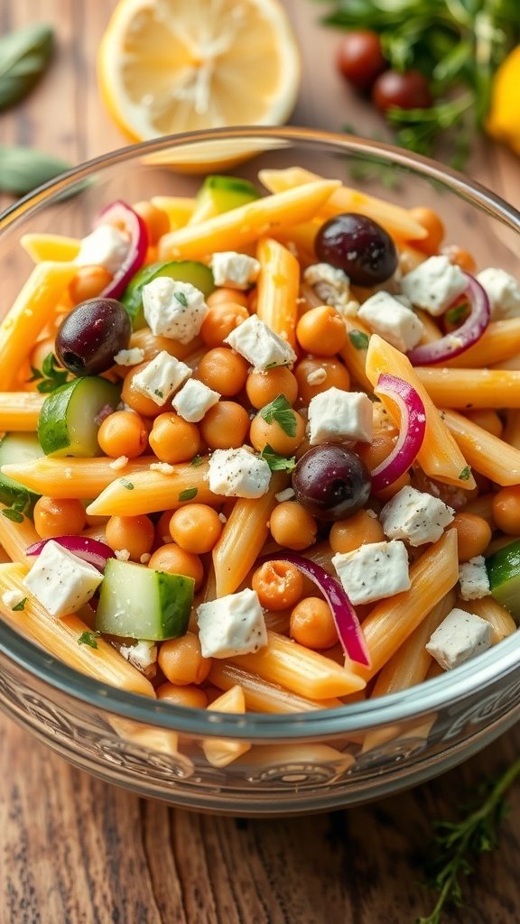 A colorful bowl of Tangy Greek Pasta Salad with chickpeas, cucumbers, and feta cheese.