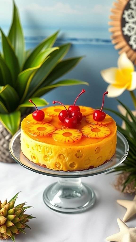 A vibrant Pineapple Upside-Down Cake topped with cherries and pineapple slices, surrounded by tropical plants.