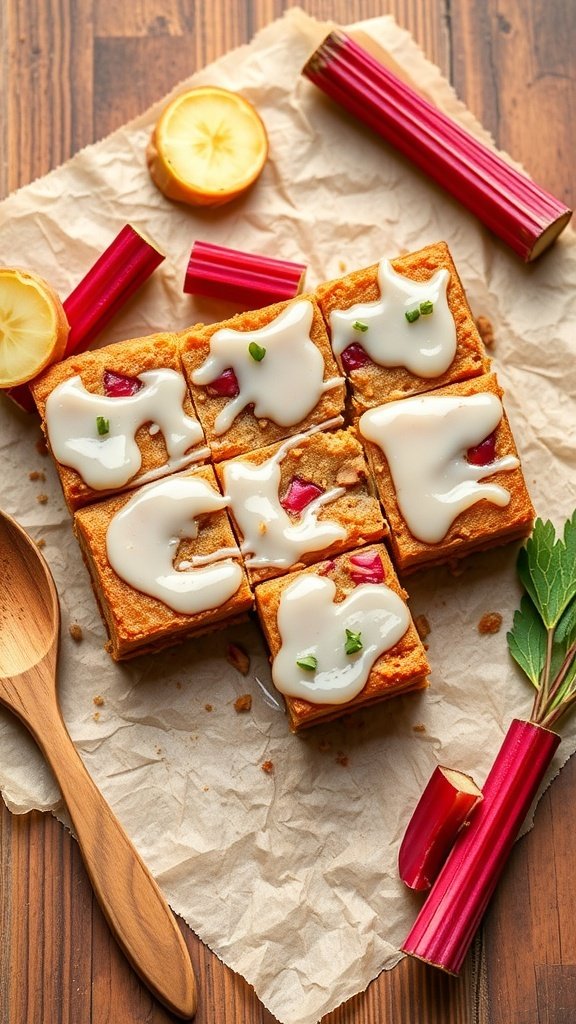 Savory rhubarb and ginger bars topped with glaze, surrounded by fresh rhubarb and lemon slices.