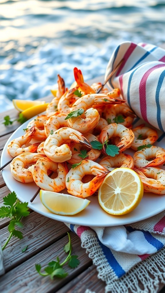 A plate of grilled shrimp with lemon and herbs, perfect for a summer supper.