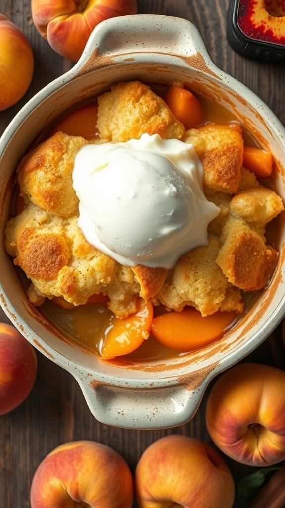 A delicious peach cobbler topped with ice cream, surrounded by fresh peaches.