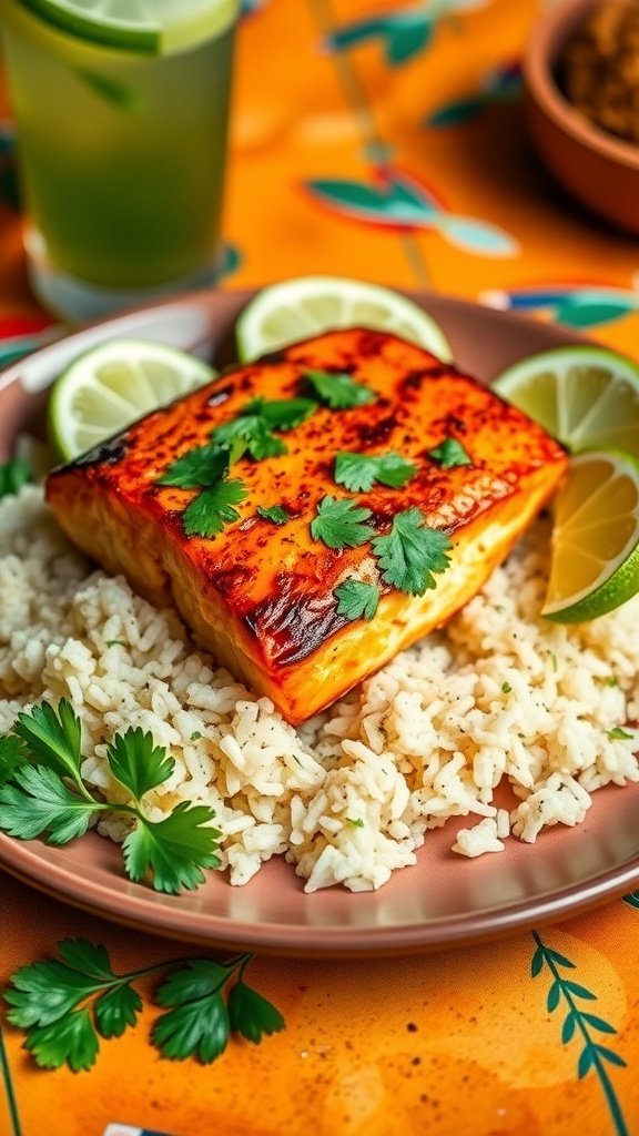 A plate of spicy grilled salmon served with cilantro lime rice, garnished with lime wedges and fresh cilantro.