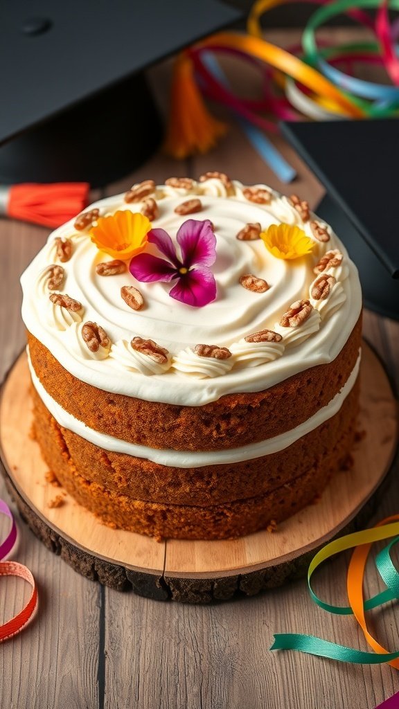 A beautifully decorated carrot cake with cream cheese frosting, topped with edible flowers and walnuts, set on a wooden base, surrounded by colorful graduation ribbons and caps.