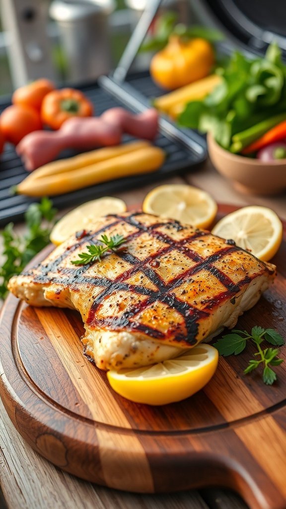 Grilled chicken breast garnished with lemon slices and herbs, with fresh vegetables in the background.
