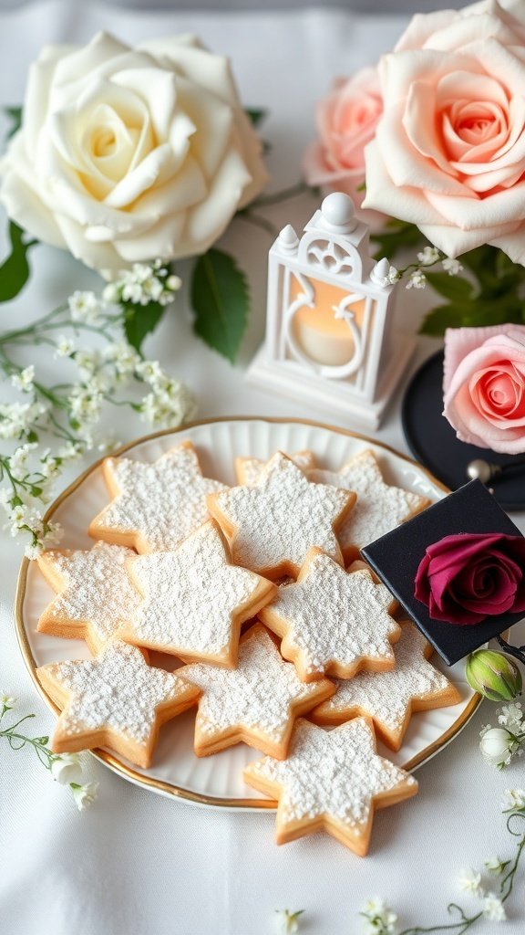 Gourmet shortbread cookies shaped like stars, decorated with powdered sugar, surrounded by roses and a lantern.