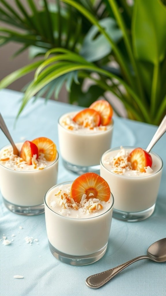Creamy coconut pudding cups topped with fruit and coconut flakes