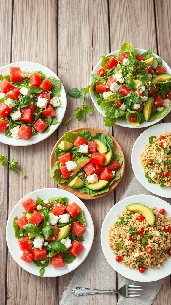 Colorful summer salads with watermelon, feta, and greens on wooden table