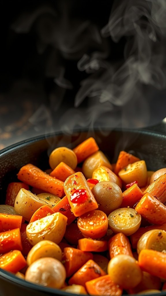 A bowl of spicy garlic roasted carrots and potatoes, steaming and colorful.