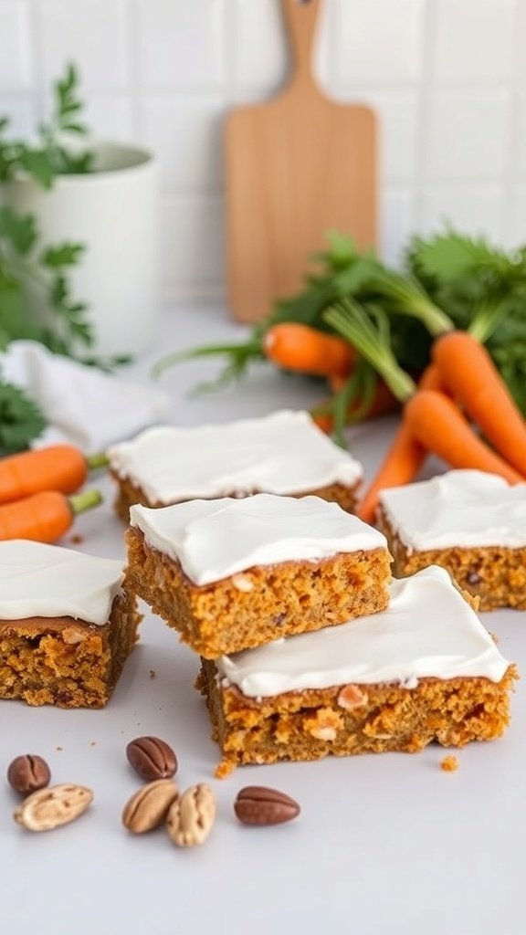 Healthy vegan carrot cake bars topped with cream cheese frosting, surrounded by fresh carrots and nuts.