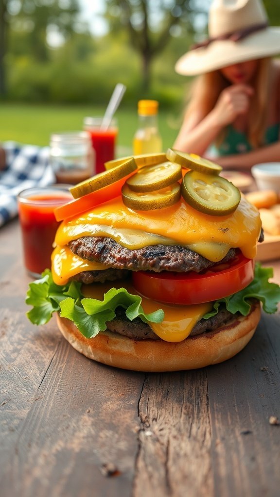 A juicy grilled burger topped with cheese, lettuce, tomato, and pickles, served outdoors.