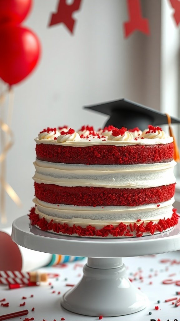 A beautifully decorated red velvet graduation cake with frosting and a graduation cap on top.