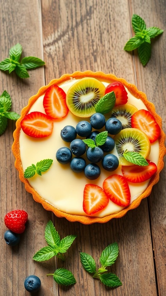 A colorful summer fruit tart topped with strawberries, blueberries, kiwi, and mint leaves.