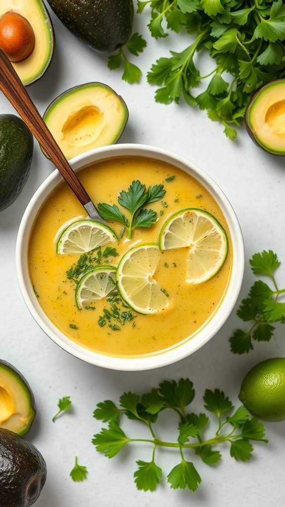 A bowl of creamy avocado and lime soup garnished with lime slices and cilantro, surrounded by fresh avocados and herbs.