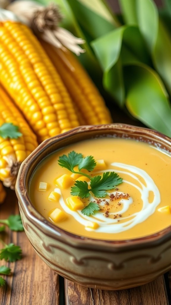 A bowl of sweet corn and coconut cream soup garnished with cilantro and mango, with fresh corn cobs in the background.