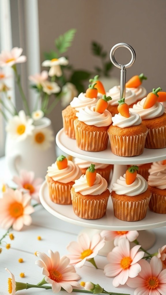 Mini carrot cake cupcakes decorated with frosting and fondant carrots on a tiered stand, surrounded by flowers.