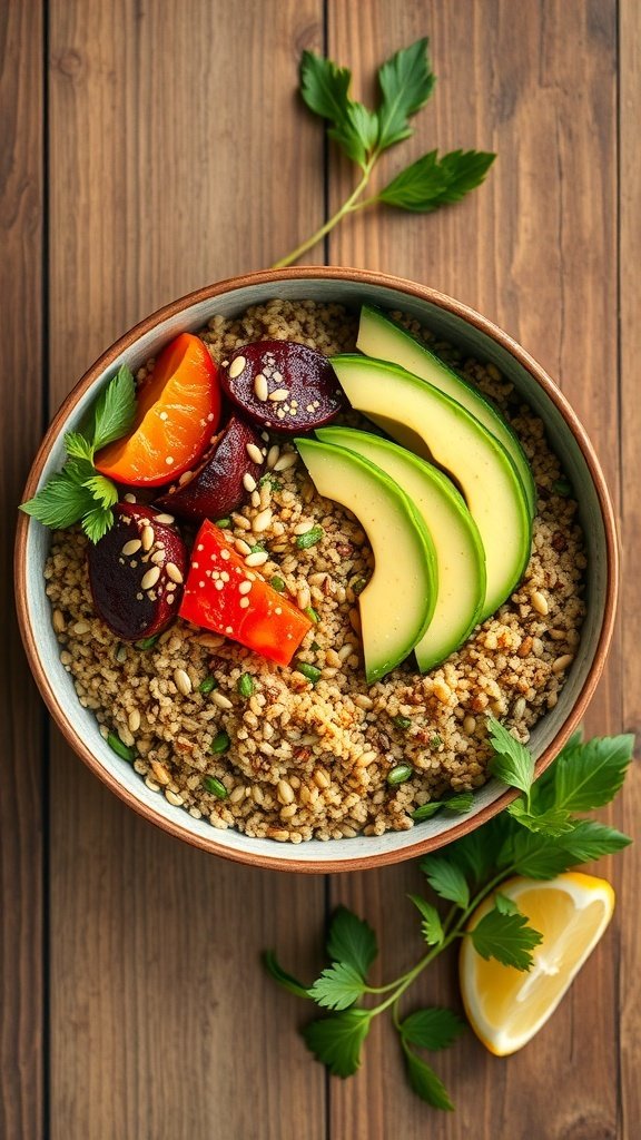 A vibrant quinoa bowl topped with avocado, beets, and bell peppers on a wooden table.