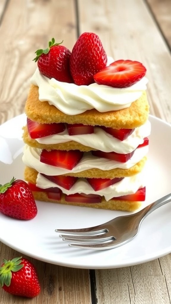 A delicious layered rhubarb and strawberry shortcake topped with fresh strawberries and whipped cream.