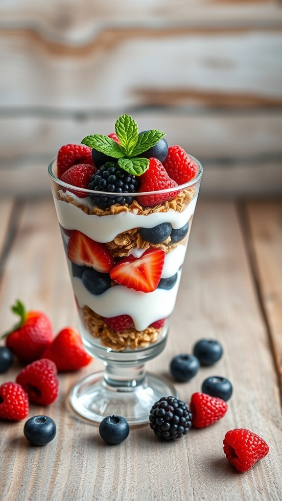 A delicious mixed berry parfait with layers of yogurt, granola, and fresh berries, garnished with mint leaves.