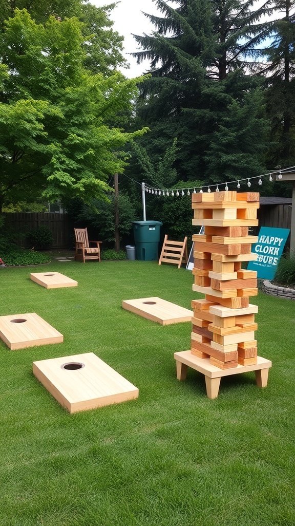 A lawn with giant Jenga and cornhole games set up for a summer party.