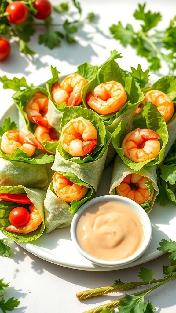 A plate of summer shrimp rolls with lettuce, shrimp, and tomatoes, served with peanut dipping sauce.