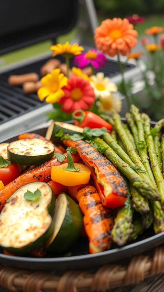 A colorful platter of grilled vegetables including zucchini, bell peppers, carrots, and asparagus, with flowers in the background.