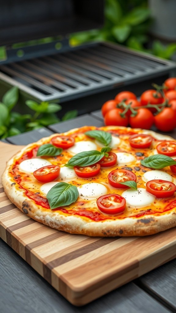Grilled pizza topped with tomatoes and basil on a wooden cutting board, with a grill in the background.