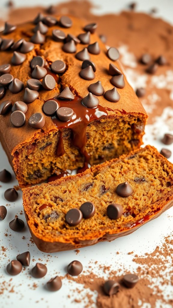 A loaf of carrot bread with chocolate chips, sliced to show its moist texture and topped with melting chocolate.