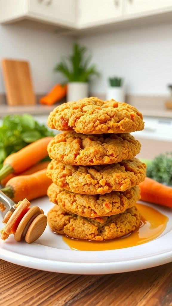A stack of no-bake carrot cake cookies with fresh carrots and honey on a plate.