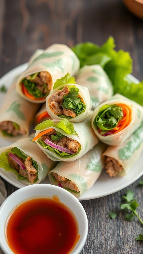 Vietnamese pork rolls with fresh herbs and vegetables served with dipping sauce.